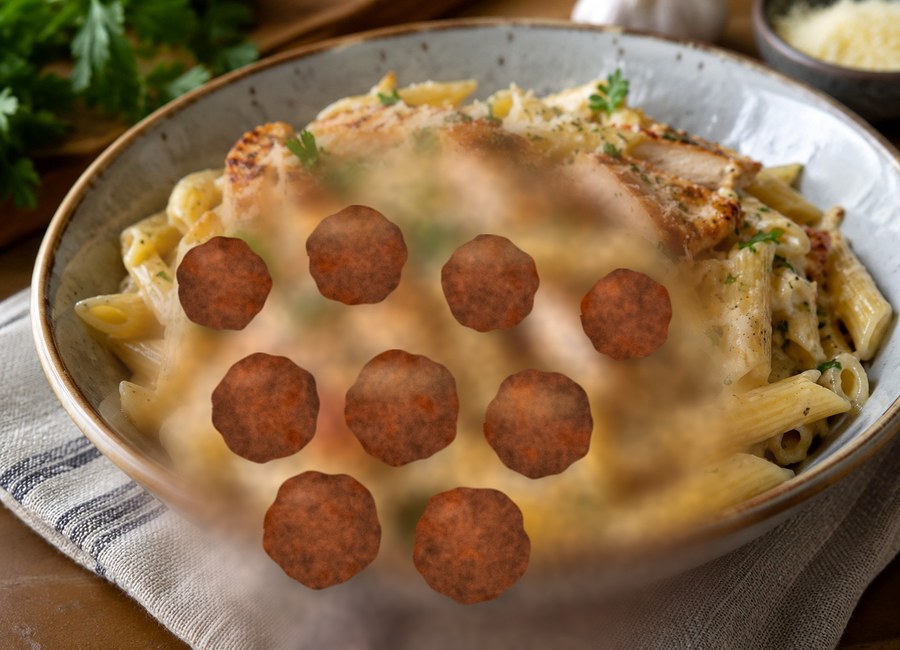 Cheesy meatball pasta bake with tomato sauce and melted cheese