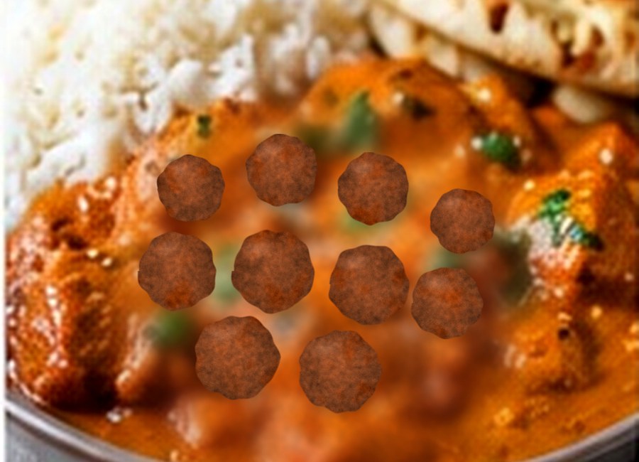Mild creamy meatball curry with basmati rice and naan bread